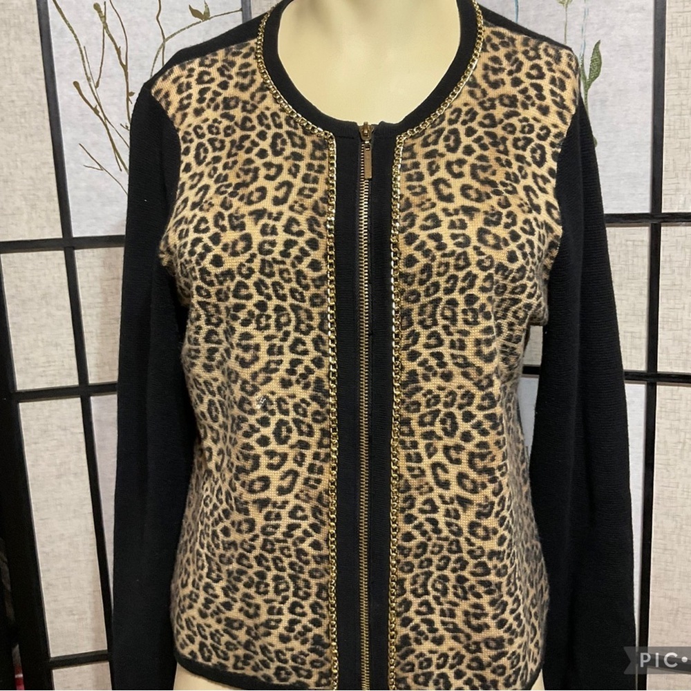 Chicos Leopard Print Zip-Up Cardigan